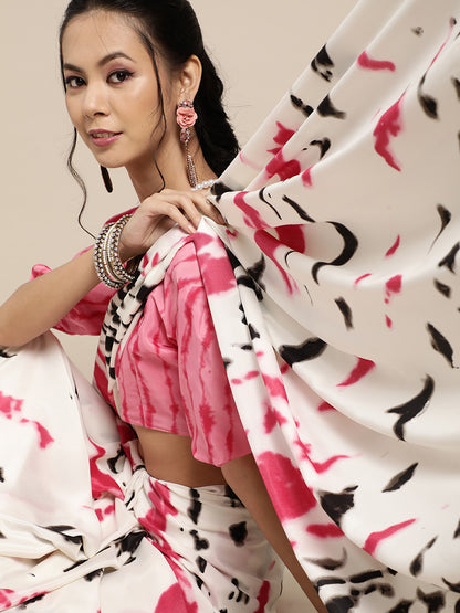 Women's Crepe Off White Digital Print Designer Saree With Blouse Piece