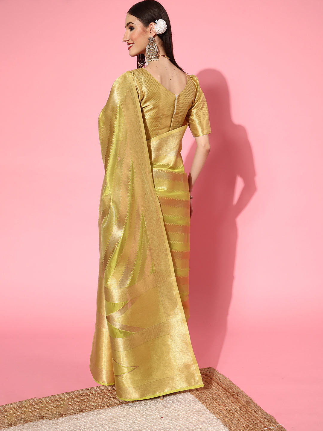 Women's Organza Olive Woven Design Handloom Saree With Blouse Piece