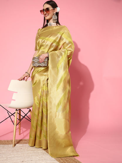 Women's Organza Olive Woven Design Handloom Saree With Blouse Piece