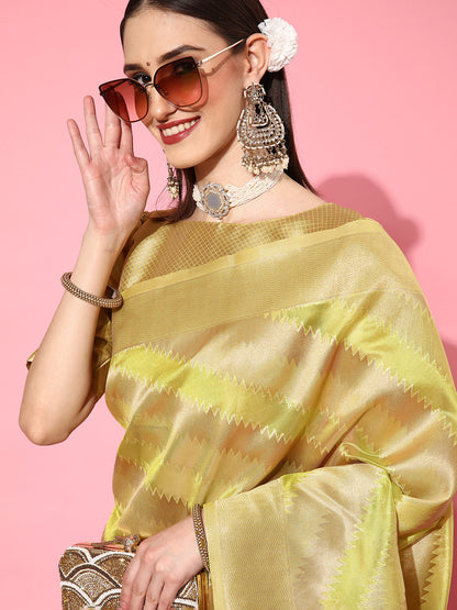 Women's Organza Olive Woven Design Handloom Saree With Blouse Piece