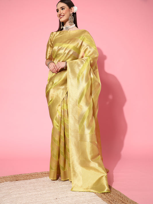 Women's Organza Olive Woven Design Handloom Saree With Blouse Piece