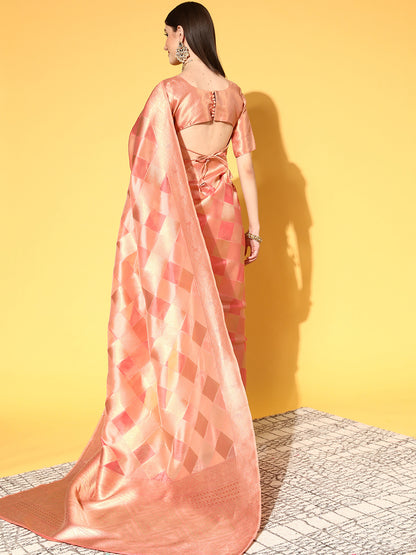 Women's Organza Peach Woven Design Handloom Saree With Blouse Piece
