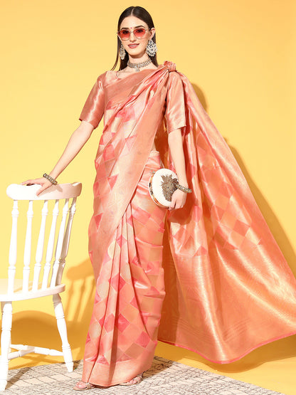 Women's Organza Peach Woven Design Handloom Saree With Blouse Piece