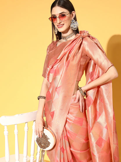 Women's Organza Peach Woven Design Handloom Saree With Blouse Piece