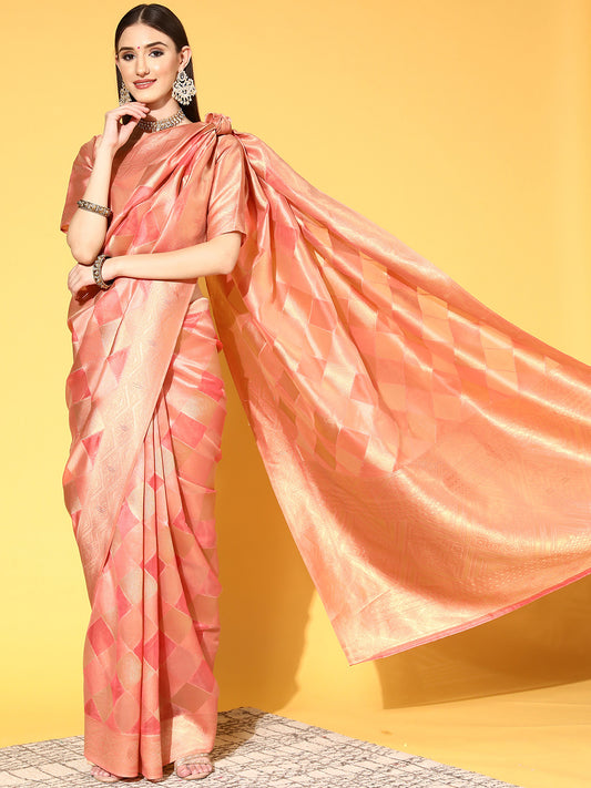 Women's Organza Peach Woven Design Handloom Saree With Blouse Piece