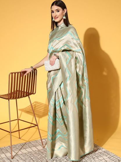 Women's Organza Sea Green Woven Design Handloom Saree With Blouse Piece