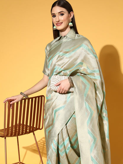 Women's Organza Sea Green Woven Design Handloom Saree With Blouse Piece