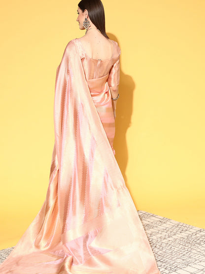 Women's Organza Pink Woven Design Handloom Saree With Blouse Piece