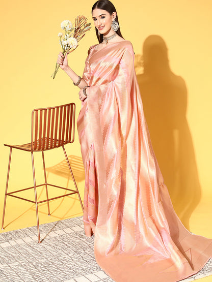 Women's Organza Pink Woven Design Handloom Saree With Blouse Piece