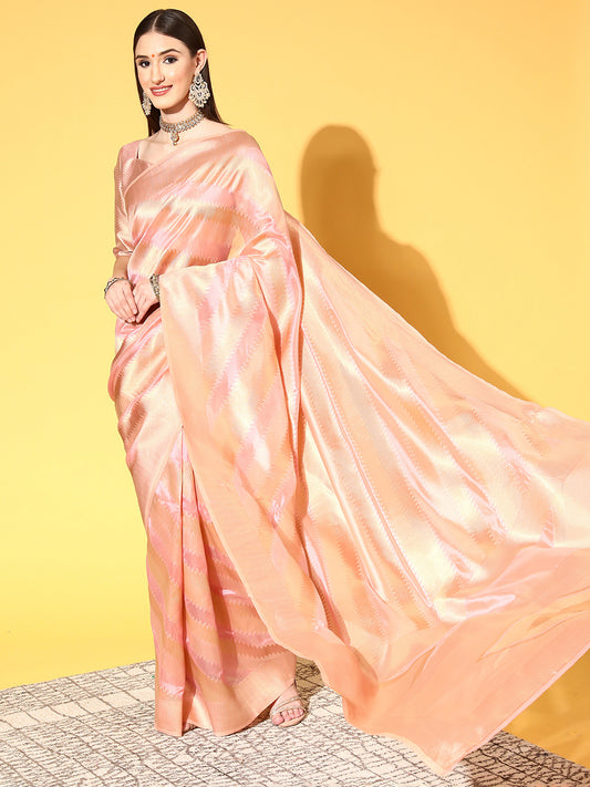 Women's Organza Pink Woven Design Handloom Saree With Blouse Piece