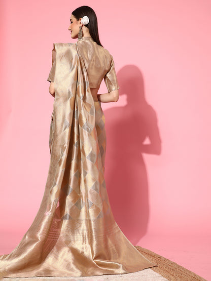 Women's Organza Grey Woven Design Handloom Saree With Blouse Piece