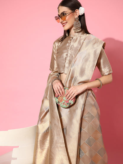 Women's Organza Grey Woven Design Handloom Saree With Blouse Piece