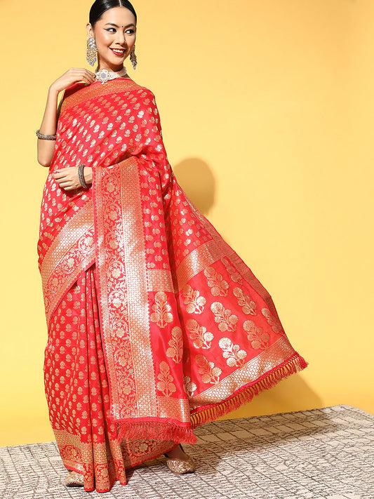 Women's Silk Blend Pink Woven Design Celebrity Saree With Blouse Piece