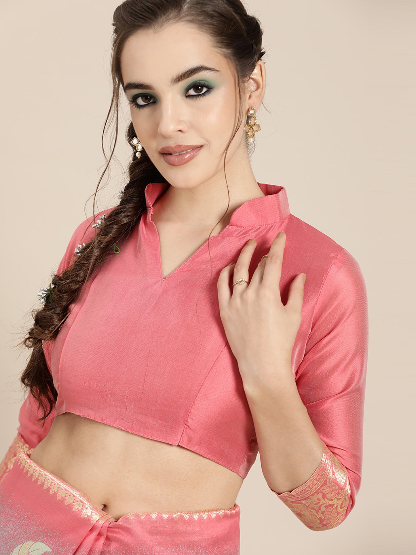 Women's Silk Blend Pink Woven Design Celebrity Saree With Blouse Piece