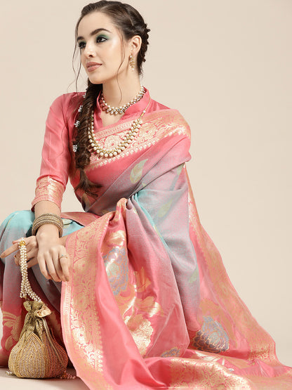 Women's Silk Blend Pink Woven Design Celebrity Saree With Blouse Piece