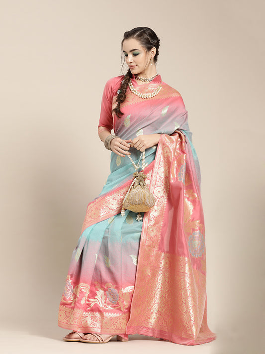 Women's Silk Blend Pink Woven Design Celebrity Saree With Blouse Piece