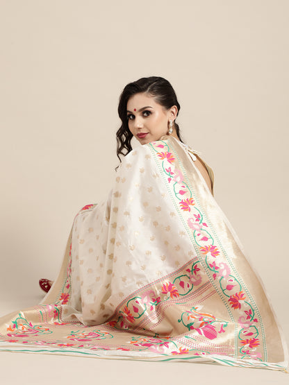 Women's Silk Blend Off White Woven Design Celebrity Saree With Blouse Piece