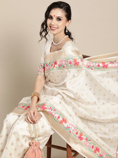 Women's Silk Blend Off White Woven Design Celebrity Saree With Blouse Piece