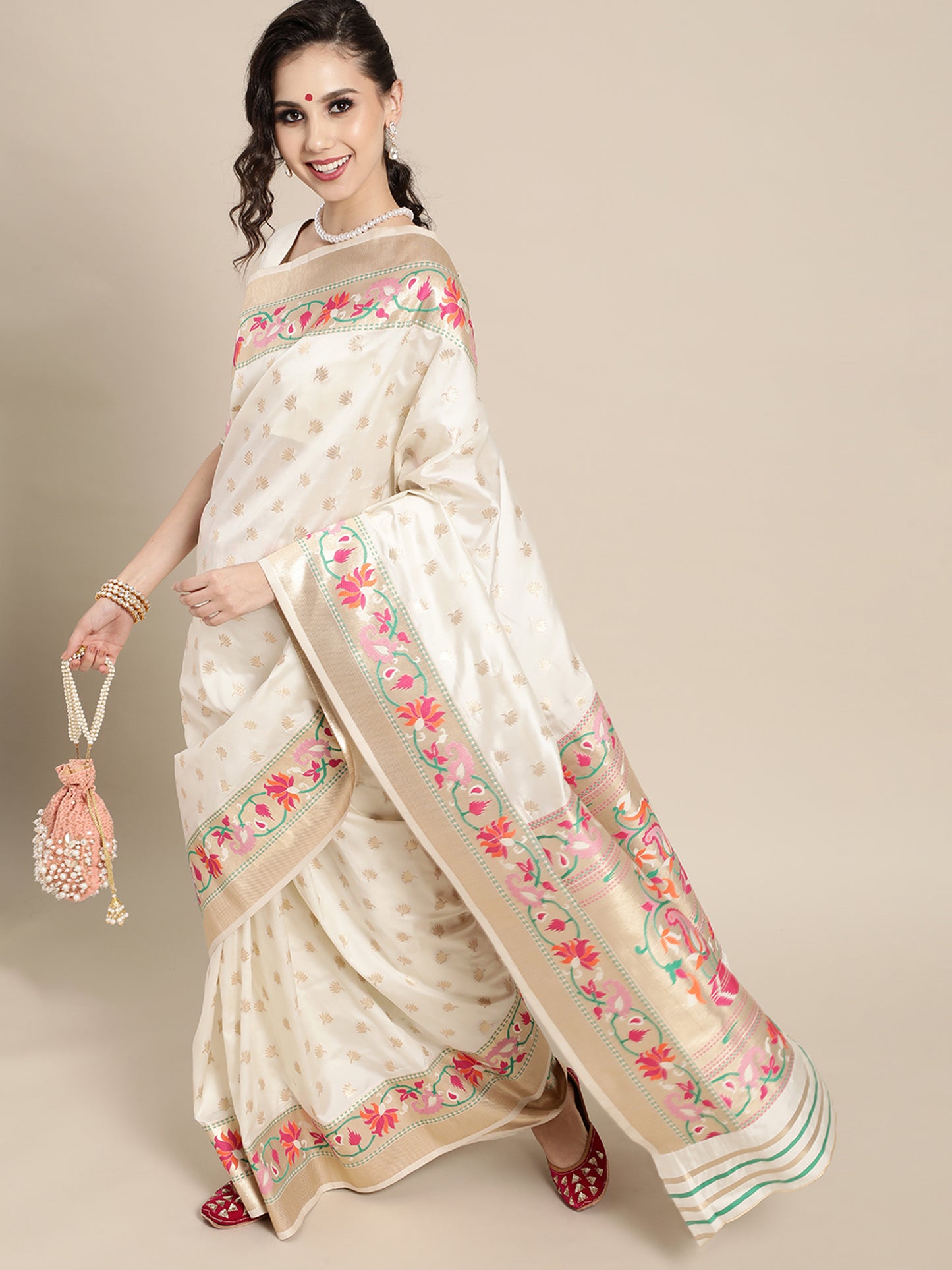 Women's Silk Blend Off White Woven Design Celebrity Saree With Blouse Piece