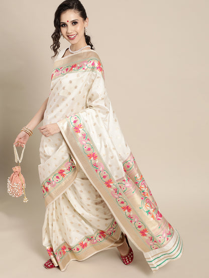 Women's Silk Blend Off White Woven Design Celebrity Saree With Blouse Piece
