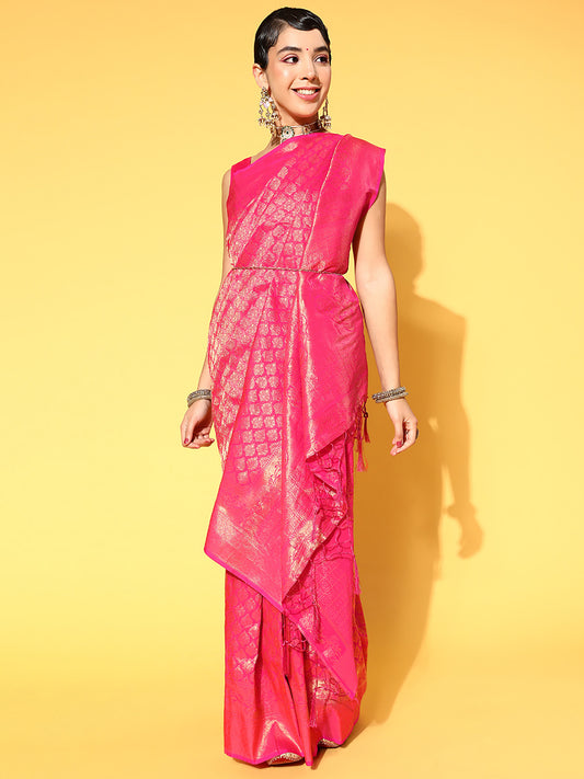 Women's Silk Blend Pink Woven Design Celebrity Saree With Blouse Piece