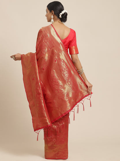 Women's Kanjeevaram Silk Red Woven Design Woven saree With Blouse Piece