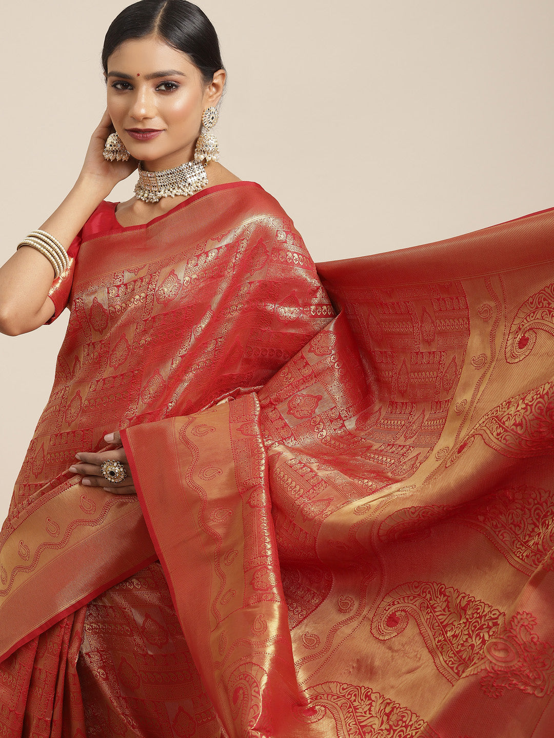 Women's Kanjeevaram Silk Red Woven Design Woven saree With Blouse Piece
