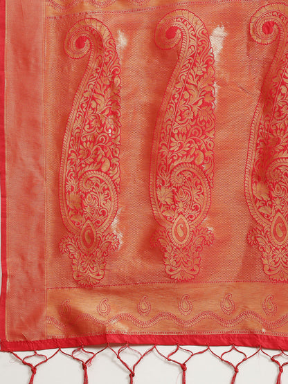 Women's Kanjeevaram Silk Red Woven Design Woven saree With Blouse Piece