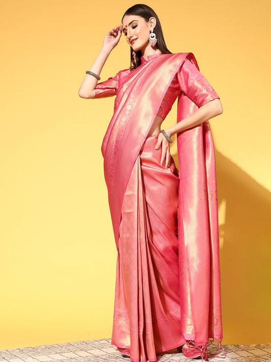 Women's Silk Blend Pink Woven Design Handloom Saree With Blouse Piece