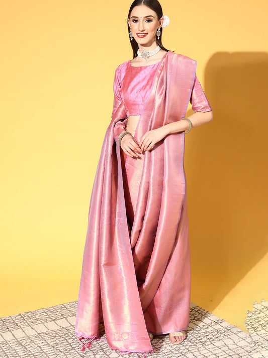 Women's Silk Blend Mauve Woven Design Handloom Saree With Blouse Piece