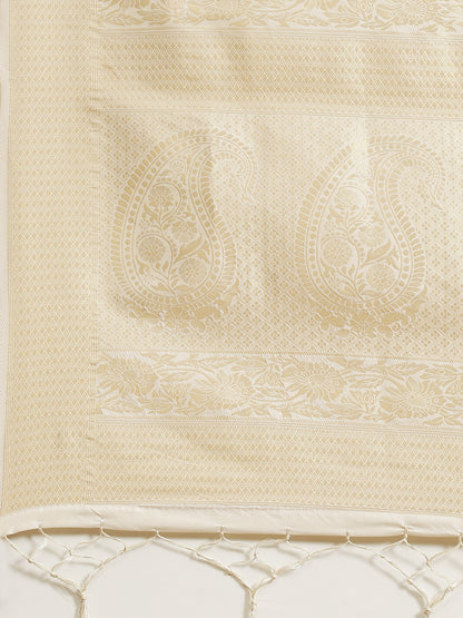 Women's Kanjeevaram Silk Cream Woven Design Woven saree With Blouse Piece