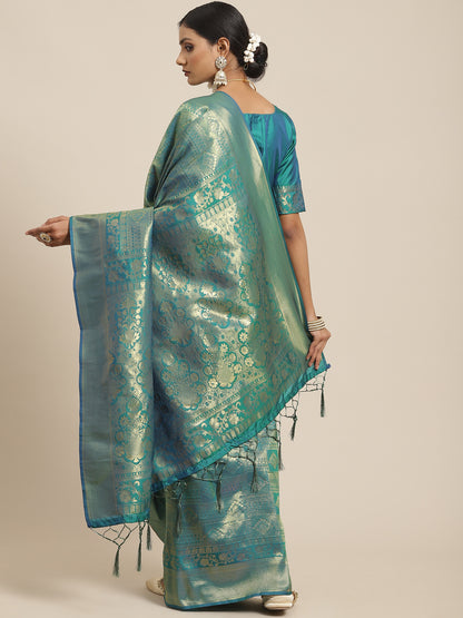 Women's Kanjeevaram Silk Teal green Woven Design Woven saree With Blouse Piece
