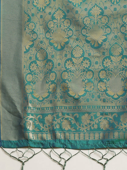 Women's Kanjeevaram Silk Teal green Woven Design Woven saree With Blouse Piece