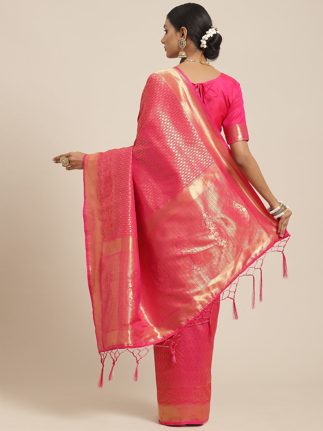 Women's Kanjeevaram Silk Pink Woven Design Woven saree With Blouse Piece
