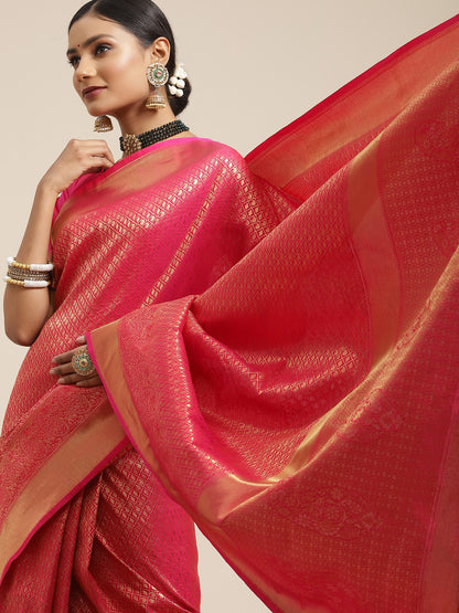 Women's Kanjeevaram Silk Pink Woven Design Woven saree With Blouse Piece