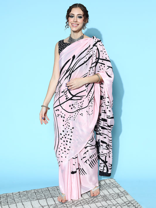 Women's Crepe Pink Digital Print Designer Saree With Blouse Piece