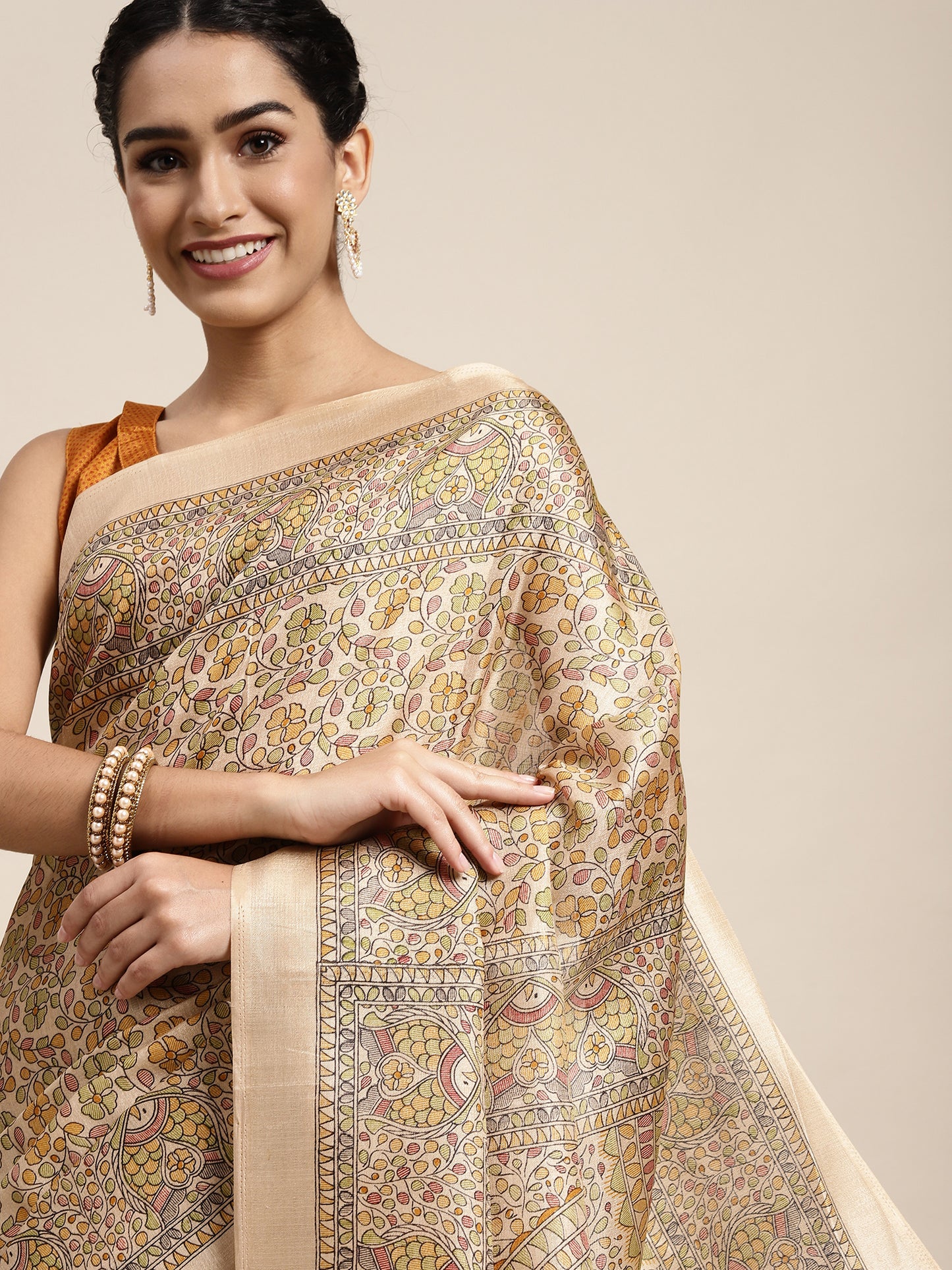 Women's Khadi Silk Yellow Printed Celebrity Saree With Blouse Piece