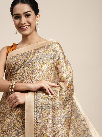 Women's Khadi Silk Yellow Printed Celebrity Saree With Blouse Piece