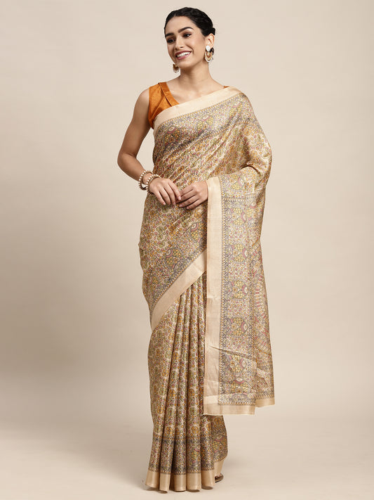 Women's Khadi Silk Yellow Printed Celebrity Saree With Blouse Piece
