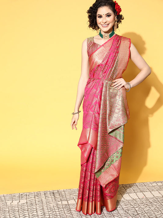 Women's Silk Blend Pink Woven Design Celebrity Saree With Blouse Piece