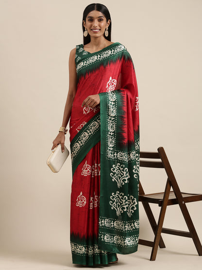 Women's Manipuri Silk Red Printed Celebrity Saree With Blouse Piece