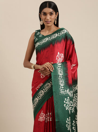 Women's Manipuri Silk Red Printed Celebrity Saree With Blouse Piece