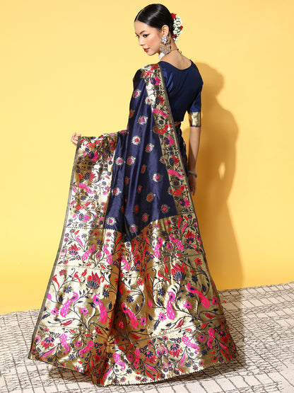Women's Silk Blend Navy Blue Woven Design Celebrity Saree With Blouse Piece
