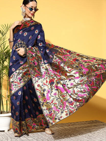 Women's Silk Blend Navy Blue Woven Design Celebrity Saree With Blouse Piece