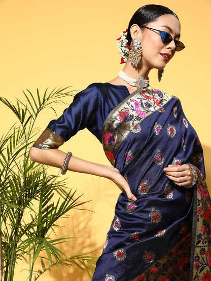 Women's Silk Blend Navy Blue Woven Design Celebrity Saree With Blouse Piece