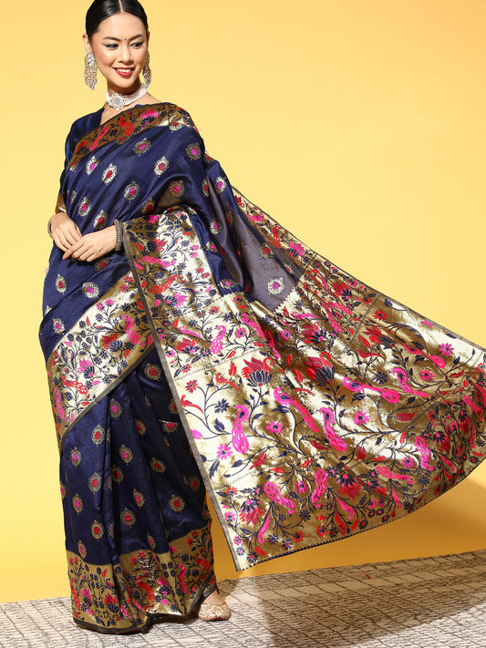 Women's Silk Blend Navy Blue Woven Design Celebrity Saree With Blouse Piece