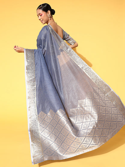 Women's Linen Blend Blue Woven Design Celebrity Saree With Blouse Piece