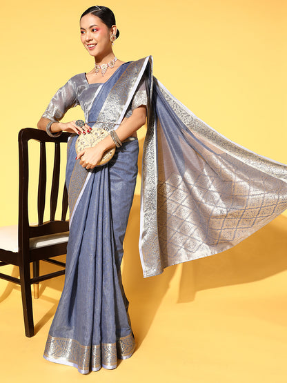 Women's Linen Blend Blue Woven Design Celebrity Saree With Blouse Piece