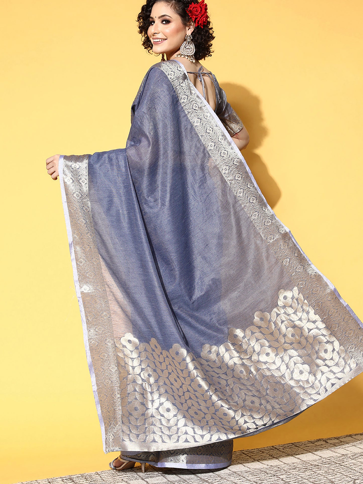 Women's Linen Blend Blue Woven Design Celebrity Saree With Blouse Piece
