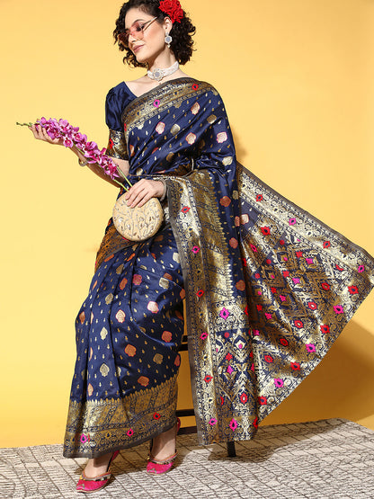 Women's Silk Blend Navy Blue Woven Design Celebrity Saree With Blouse Piece